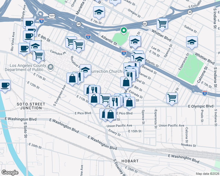 map of restaurants, bars, coffee shops, grocery stores, and more near 1246 South Concord Street in Los Angeles