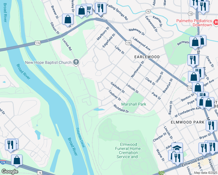 map of restaurants, bars, coffee shops, grocery stores, and more near 3217 Gadsden Street in Columbia