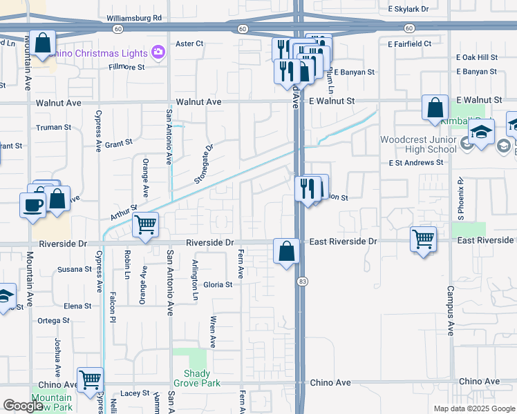 map of restaurants, bars, coffee shops, grocery stores, and more near 2873 South Via Belamaria in Ontario