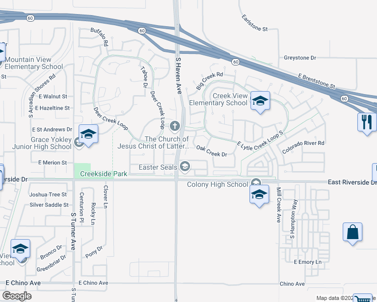 map of restaurants, bars, coffee shops, grocery stores, and more near 2818 Oak Creek Drive in Ontario