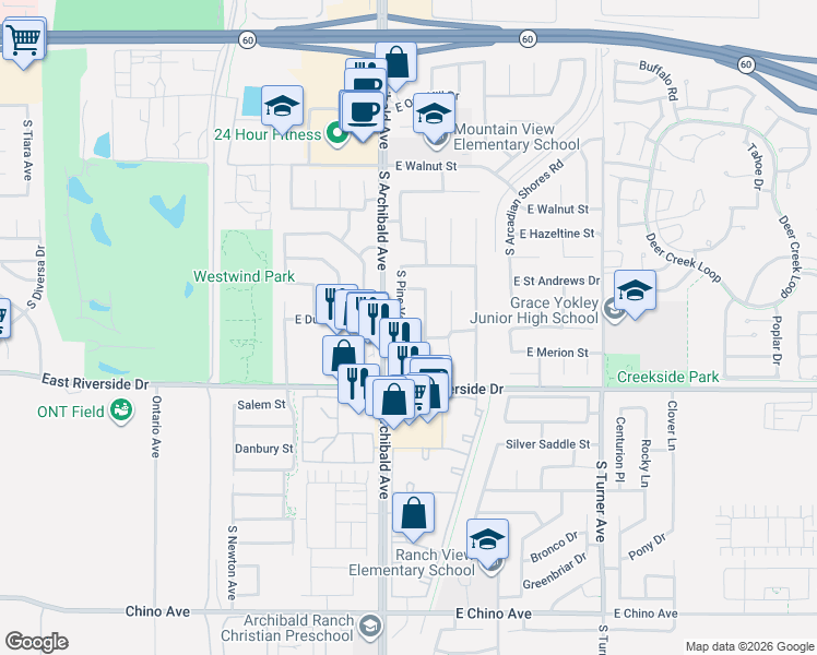 map of restaurants, bars, coffee shops, grocery stores, and more near 2851 South Pine Valley Avenue in Ontario