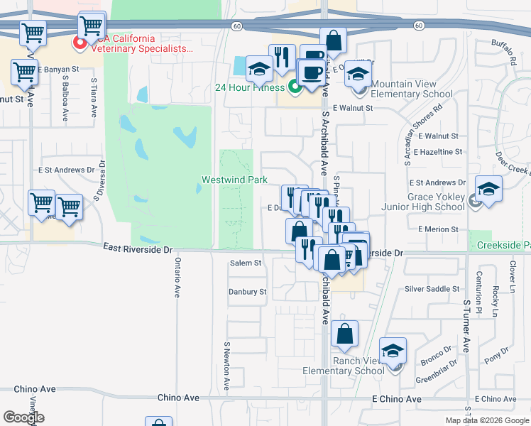 map of restaurants, bars, coffee shops, grocery stores, and more near 2523 East Dunes Street in Ontario