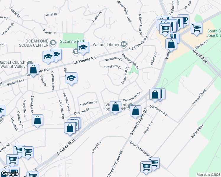 map of restaurants, bars, coffee shops, grocery stores, and more near 306 Amber Ridge Lane in Walnut