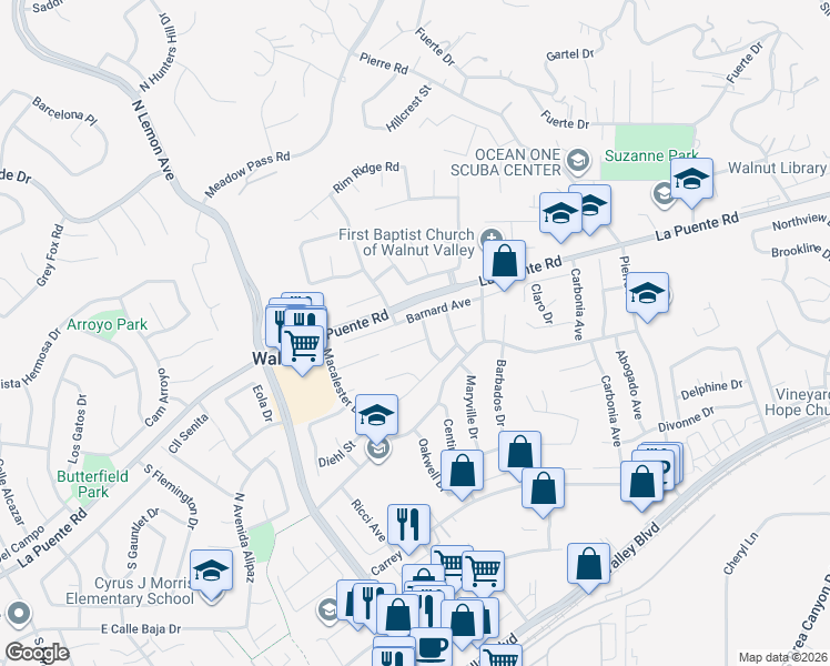 map of restaurants, bars, coffee shops, grocery stores, and more near 346 Centinary Drive in Walnut