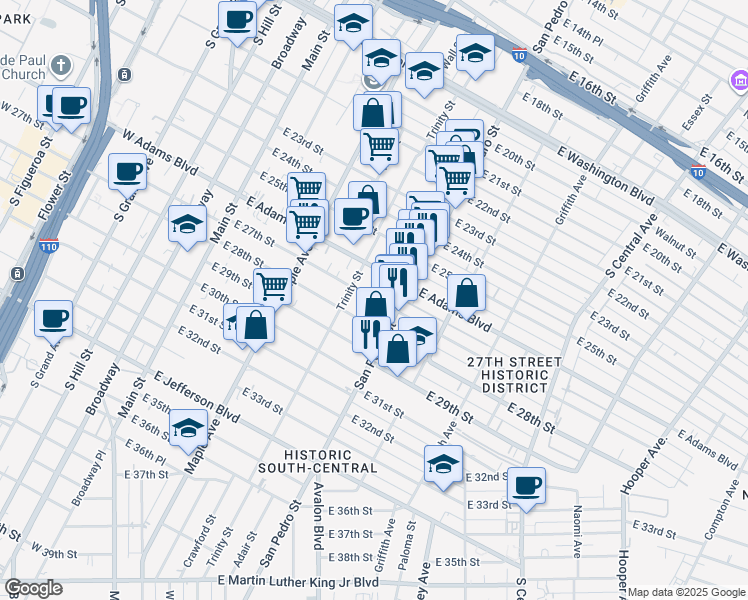 map of restaurants, bars, coffee shops, grocery stores, and more near 623 East 27th Street in Los Angeles