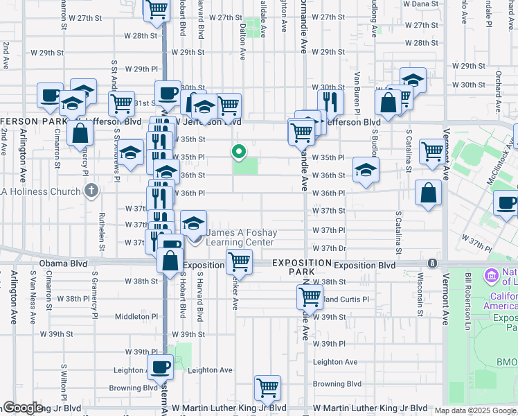 map of restaurants, bars, coffee shops, grocery stores, and more near 1514 West 36th Place in Los Angeles