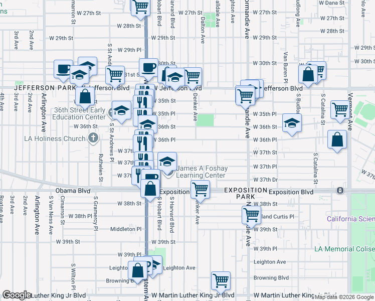 map of restaurants, bars, coffee shops, grocery stores, and more near 1568 West 36th Place in Los Angeles