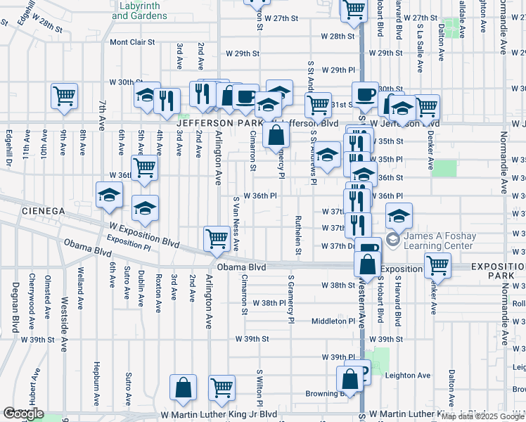 map of restaurants, bars, coffee shops, grocery stores, and more near 3660 Cimarron Street in Los Angeles