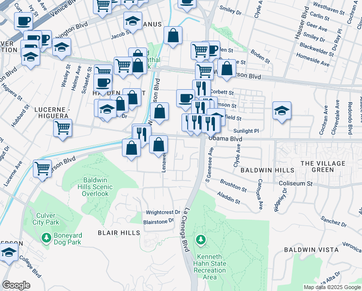map of restaurants, bars, coffee shops, grocery stores, and more near 3648 Kalsman Drive in Los Angeles