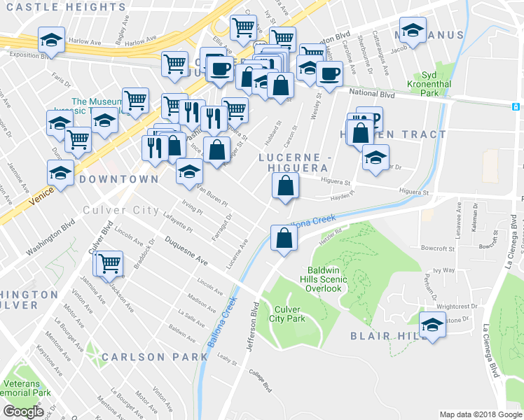 map of restaurants, bars, coffee shops, grocery stores, and more near 9065 Lucerne Avenue in Culver City
