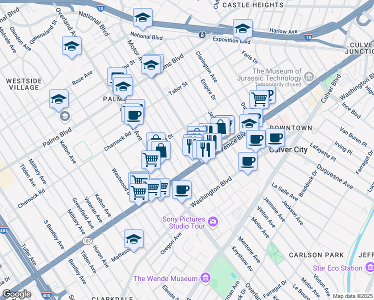 map of restaurants, bars, coffee shops, grocery stores, and more near 3737 Motor Avenue in Los Angeles