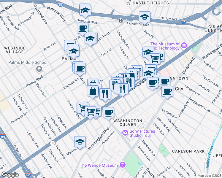 map of restaurants, bars, coffee shops, grocery stores, and more near 3737 Motor Avenue in Los Angeles