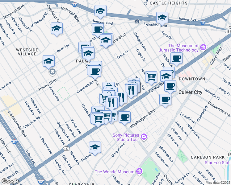 map of restaurants, bars, coffee shops, grocery stores, and more near 3721 Mentone Avenue in Los Angeles