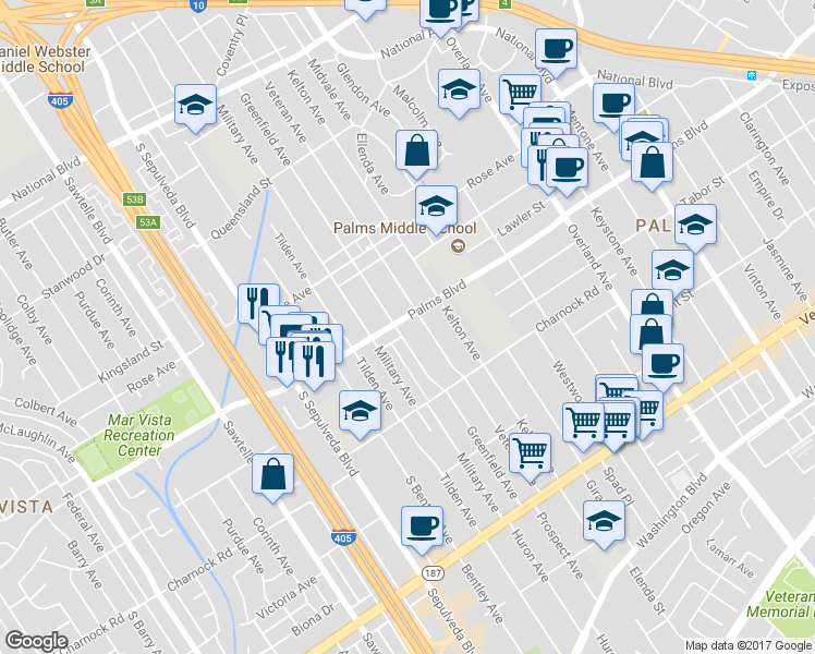 map of restaurants, bars, coffee shops, grocery stores, and more near 10930 Palms Boulevard in Los Angeles