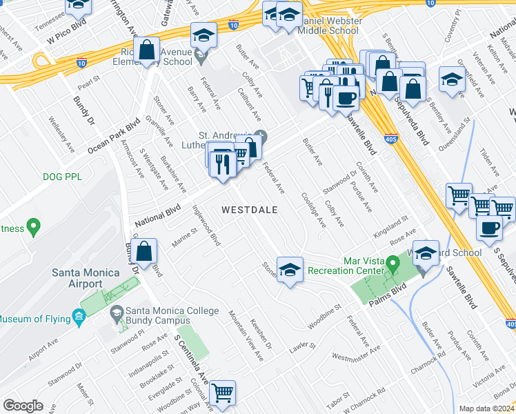 map of restaurants, bars, coffee shops, grocery stores, and more near 3112 South Barrington Avenue in Los Angeles