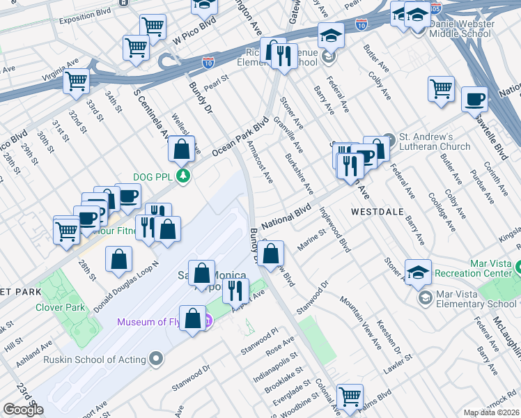 map of restaurants, bars, coffee shops, grocery stores, and more near 12133 Clarkson Road in Los Angeles