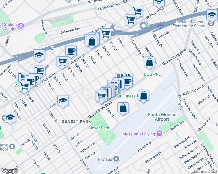 map of restaurants, bars, coffee shops, grocery stores, and more near 2611 30th Street in Santa Monica