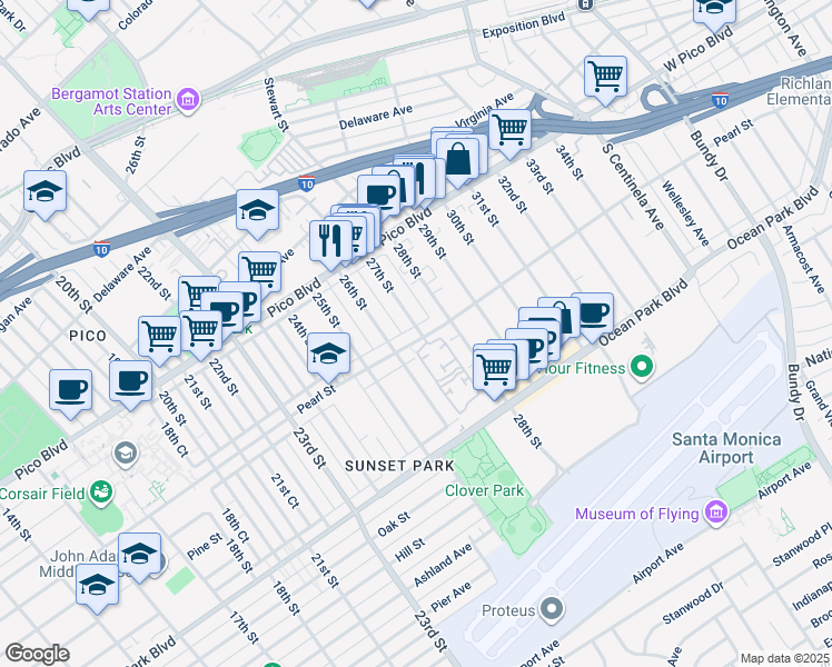 map of restaurants, bars, coffee shops, grocery stores, and more near 2345 27th Street in Santa Monica