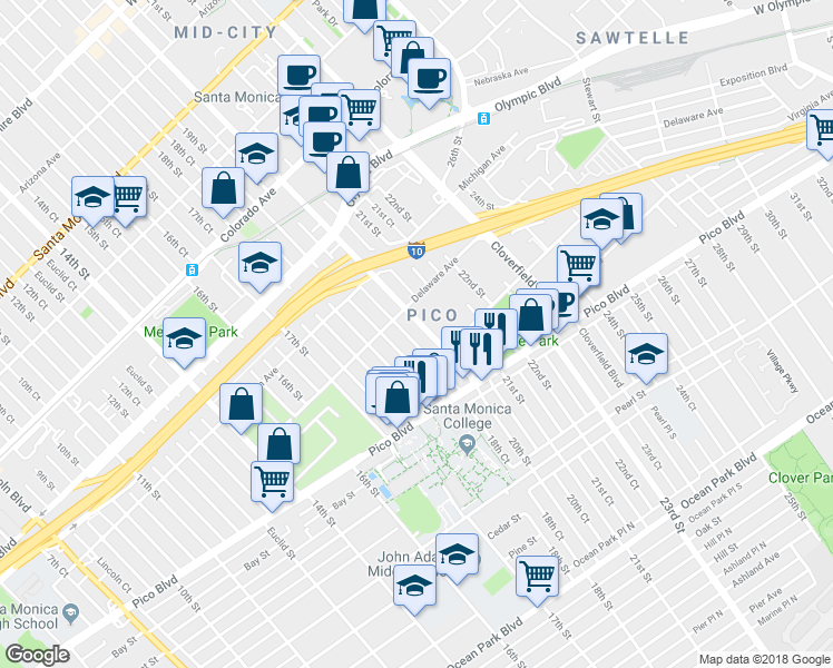 map of restaurants, bars, coffee shops, grocery stores, and more near 1921 20th Street in Santa Monica