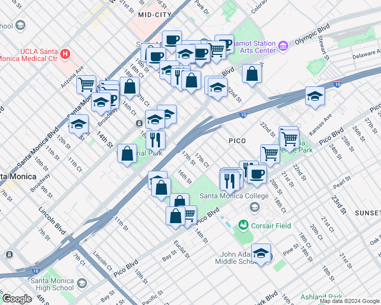 map of restaurants, bars, coffee shops, grocery stores, and more near 1748 18th Street in Santa Monica