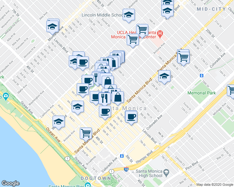 map of restaurants, bars, coffee shops, grocery stores, and more near 1264 Lincoln Court in Santa Monica