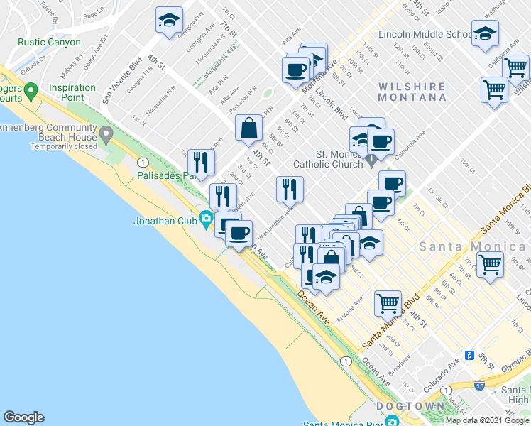 map of restaurants, bars, coffee shops, grocery stores, and more near 938 3rd Street in Santa Monica