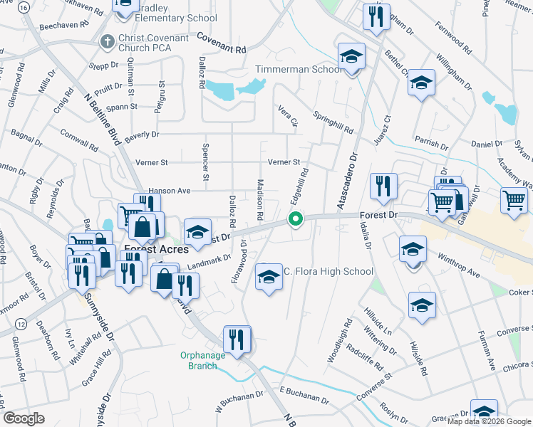 map of restaurants, bars, coffee shops, grocery stores, and more near 1718 Madison Road in Columbia