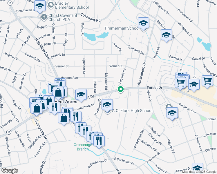 map of restaurants, bars, coffee shops, grocery stores, and more near 1718 Madison Road in Columbia