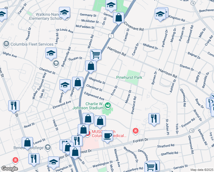 map of restaurants, bars, coffee shops, grocery stores, and more near 2705 Magnolia Street in Columbia