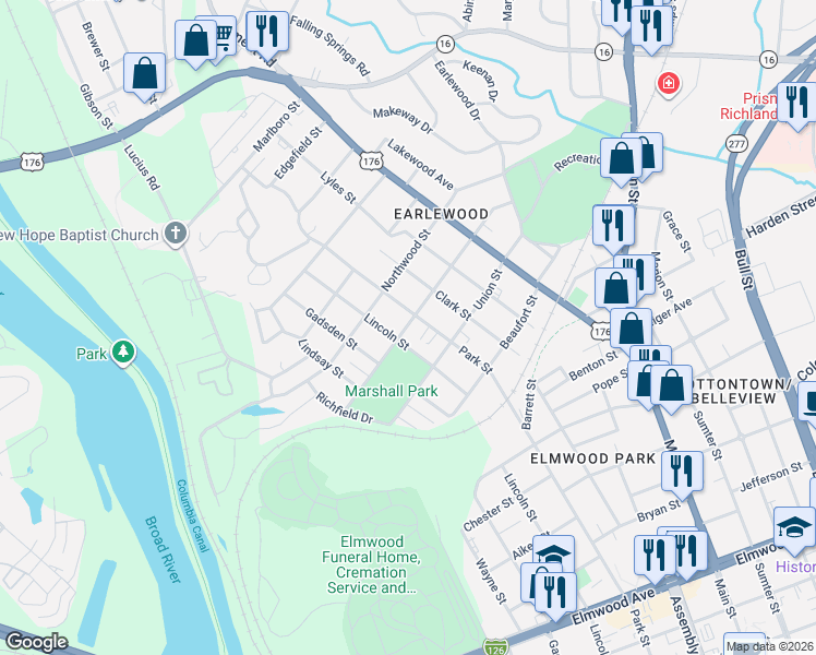 map of restaurants, bars, coffee shops, grocery stores, and more near 3001 Park Street in Columbia