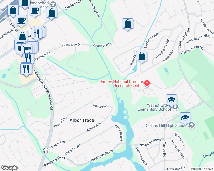 map of restaurants, bars, coffee shops, grocery stores, and more near 170 Falcon Creek Drive in Suwanee