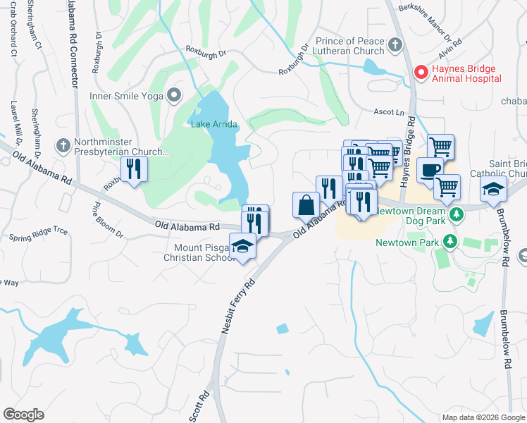 map of restaurants, bars, coffee shops, grocery stores, and more near 190 Willow Way in Roswell