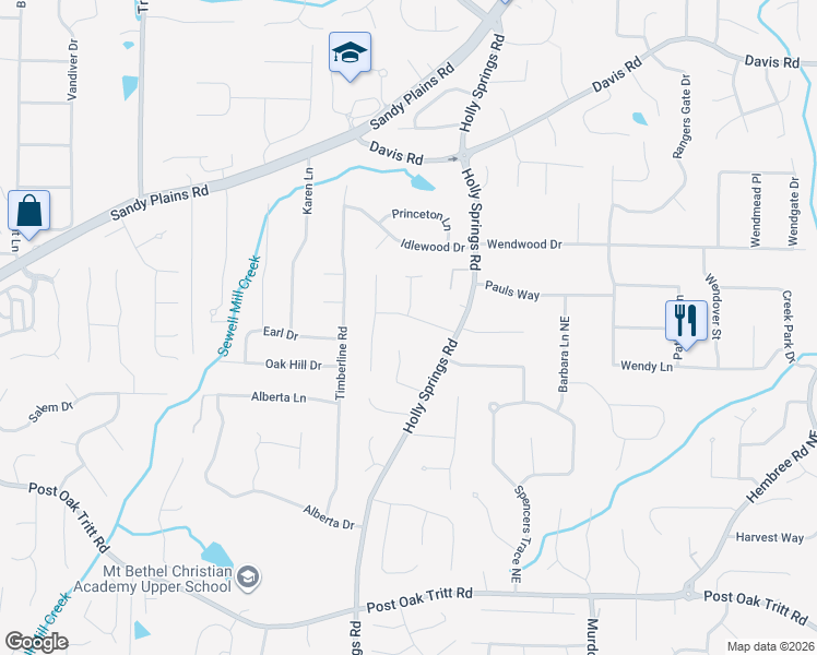map of restaurants, bars, coffee shops, grocery stores, and more near 2842 Howard Drive in Marietta