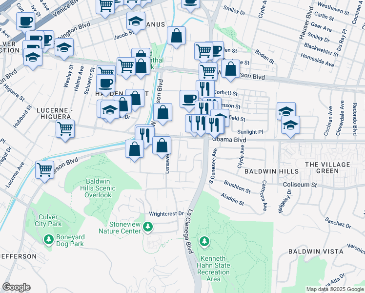 map of restaurants, bars, coffee shops, grocery stores, and more near 3610 Kalsman Drive in Los Angeles