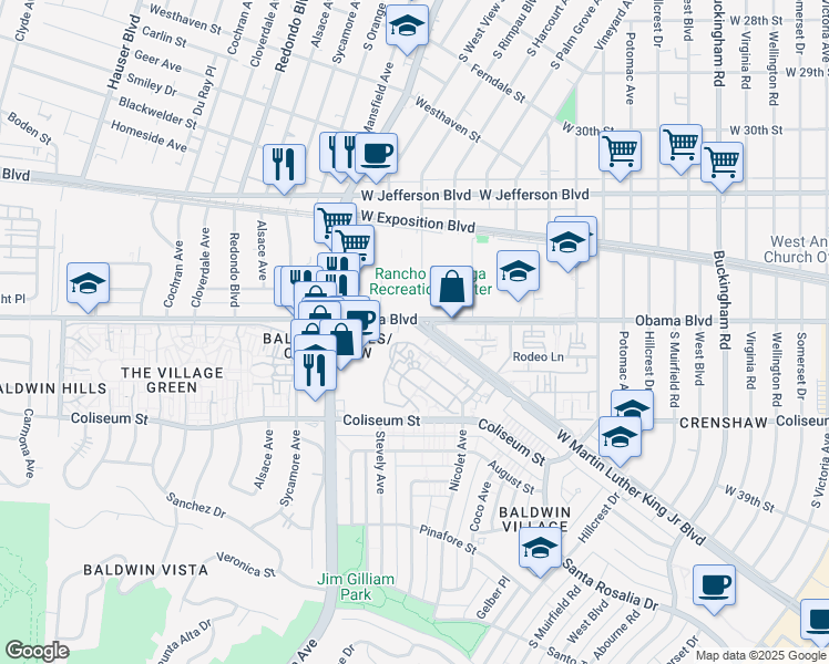 map of restaurants, bars, coffee shops, grocery stores, and more near 5010 Obama Boulevard in Los Angeles