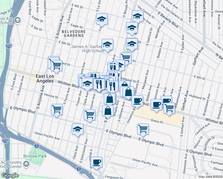 map of restaurants, bars, coffee shops, grocery stores, and more near 759 South Atlantic Boulevard in East Los Angeles