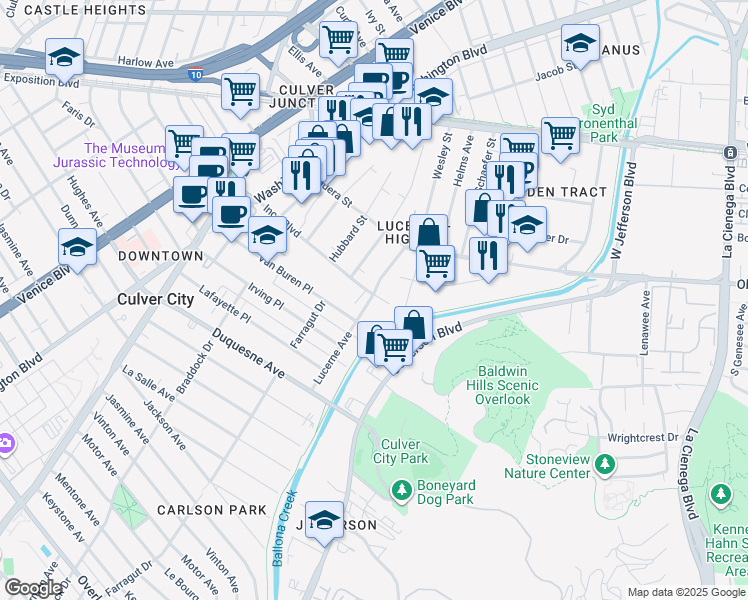 map of restaurants, bars, coffee shops, grocery stores, and more near 4211 Ince Boulevard in Culver City
