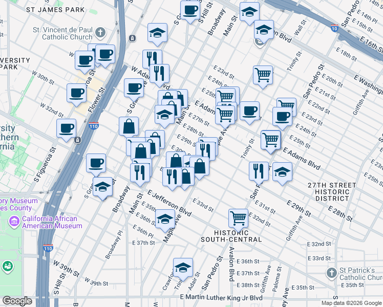 map of restaurants, bars, coffee shops, grocery stores, and more near 210 East 29th Street in Los Angeles
