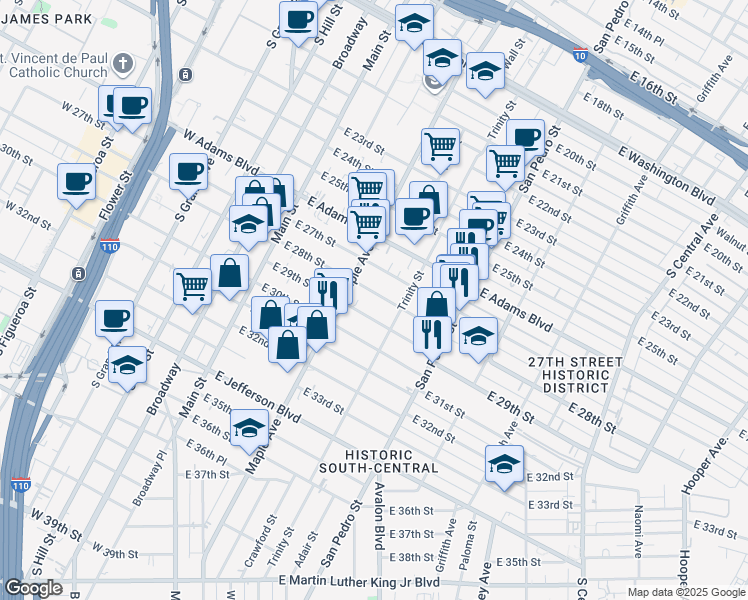 map of restaurants, bars, coffee shops, grocery stores, and more near 412 East 28th Street in Los Angeles