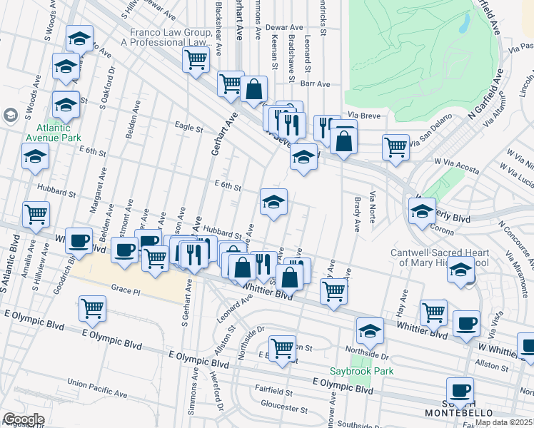 map of restaurants, bars, coffee shops, grocery stores, and more near 631 Leonard Avenue in East Los Angeles
