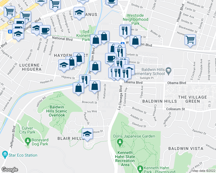 map of restaurants, bars, coffee shops, grocery stores, and more near 3604 Kalsman Drive in Los Angeles