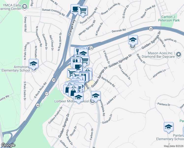 map of restaurants, bars, coffee shops, grocery stores, and more near 318 Torito Lane in Diamond Bar