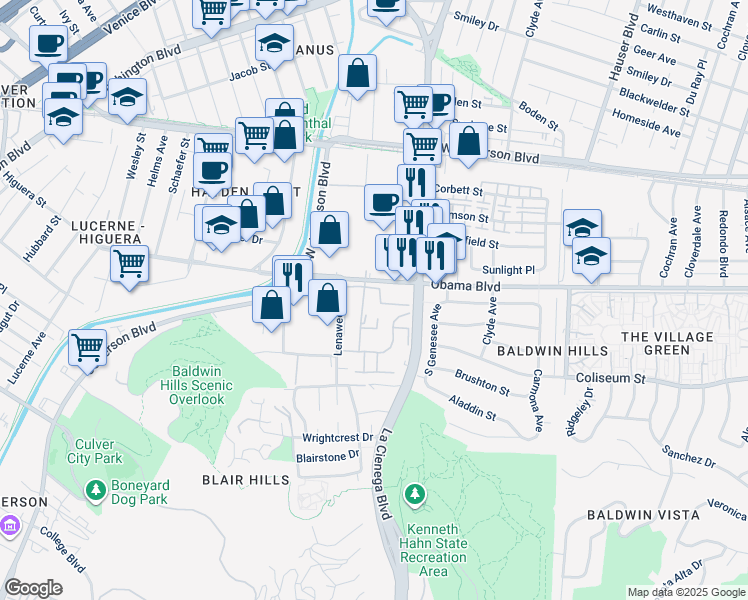 map of restaurants, bars, coffee shops, grocery stores, and more near 3610 Kalsman Drive in Los Angeles