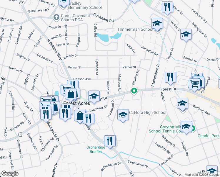 map of restaurants, bars, coffee shops, grocery stores, and more near 1706 Dalloz Road in Columbia