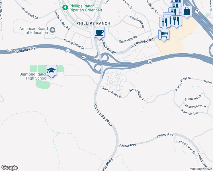 map of restaurants, bars, coffee shops, grocery stores, and more near 2 Saddlewood Lane in Pomona