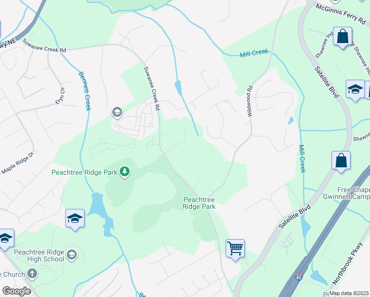map of restaurants, bars, coffee shops, grocery stores, and more near 1218 Saint Ives Court in Suwanee