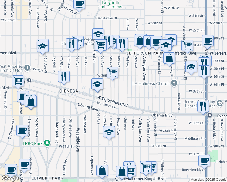 map of restaurants, bars, coffee shops, grocery stores, and more near 3660 5th Avenue in Los Angeles