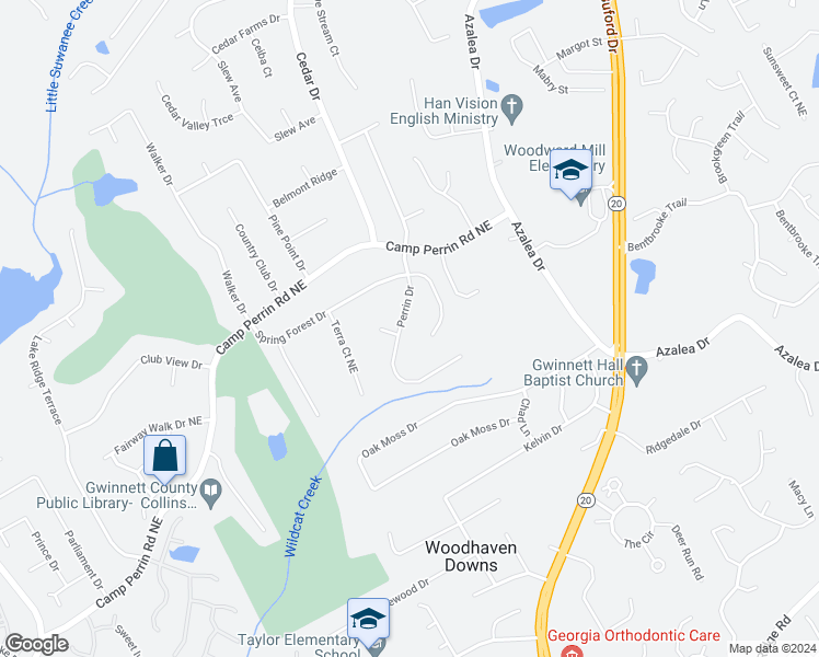 map of restaurants, bars, coffee shops, grocery stores, and more near 2052 Perrin Drive in Lawrenceville