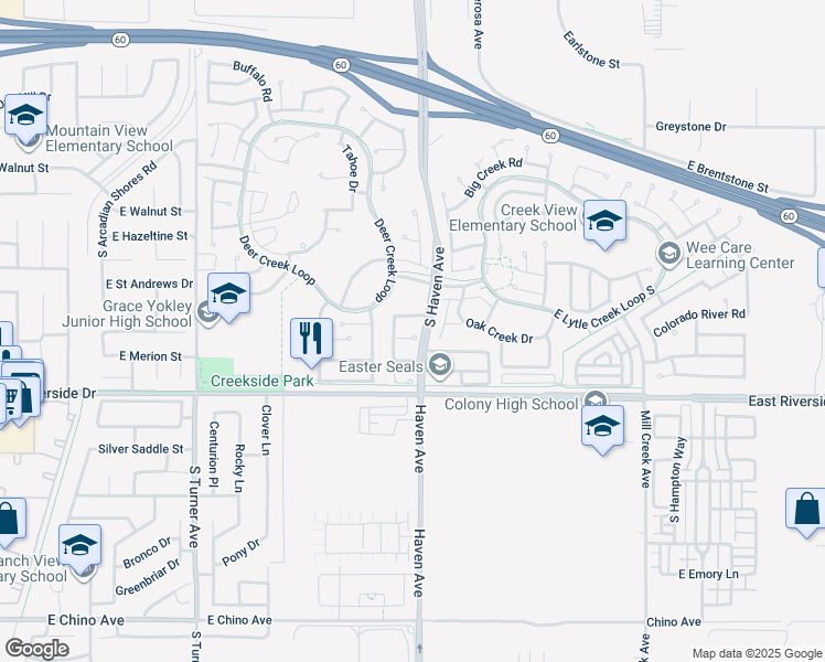 map of restaurants, bars, coffee shops, grocery stores, and more near 3413 Morningwood Court in Ontario