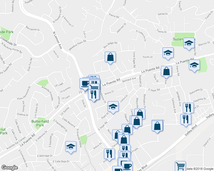 map of restaurants, bars, coffee shops, grocery stores, and more near 20169 Barnard Avenue in Walnut